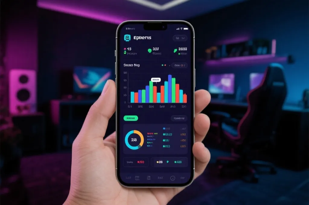 Close-up of a mobile smartphone screen displaying detailed esports match statistics and live score graphs
